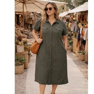 J.Jill Love Linen Olive Green Shirt Dress Button Front Midi  XL Petite